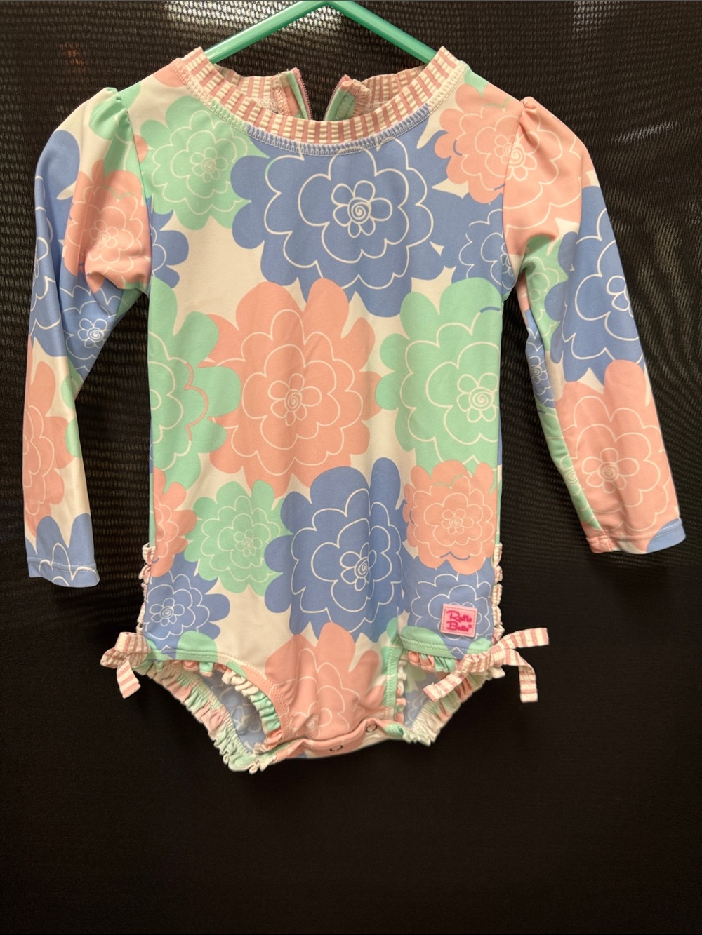Ruffle Butts long-Sleeve Floral One-Piece Swimsuit - Pastel Pink/Blue/Green